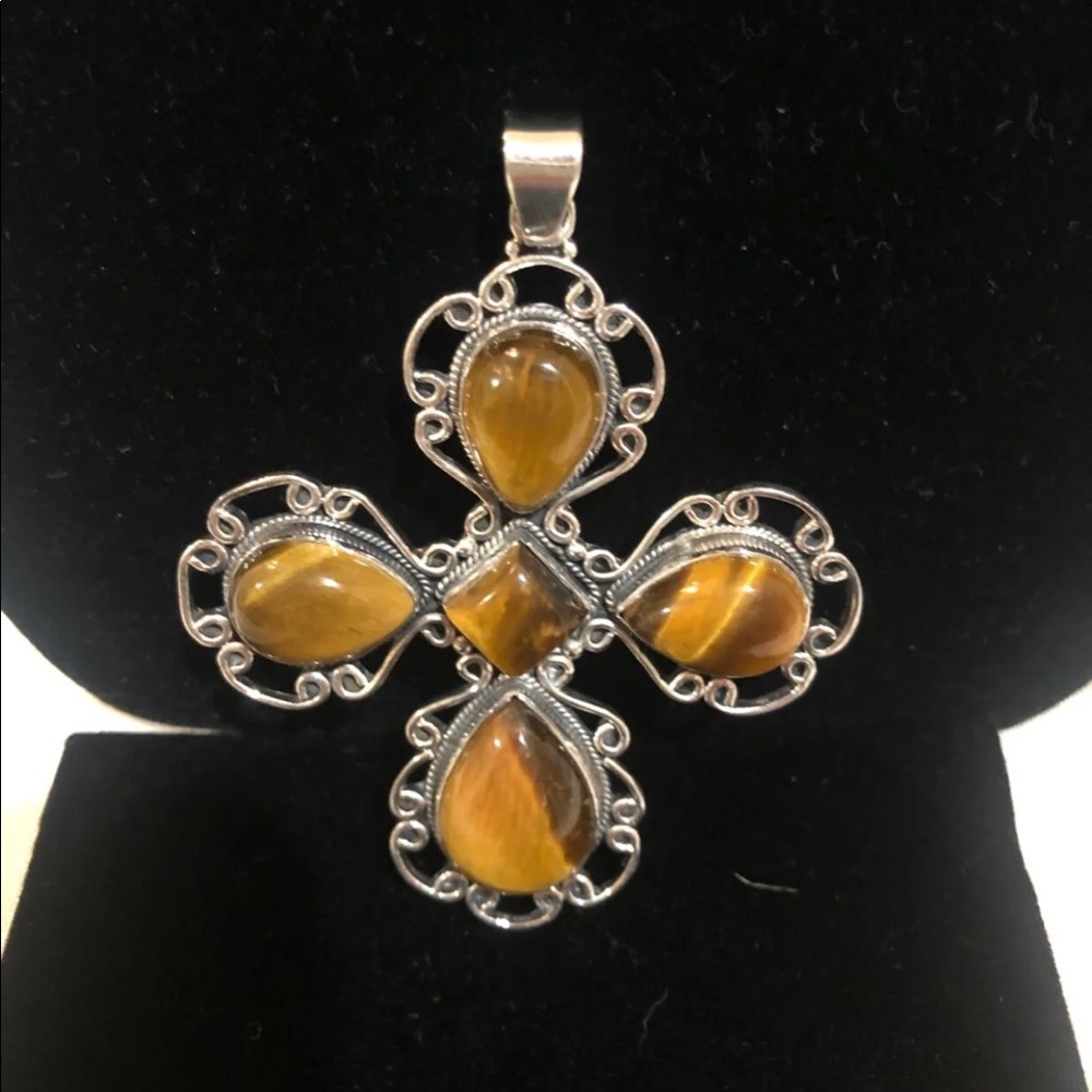 Sterling Silver, Tiger Eye Cross Pendant - Picture 3 of 5